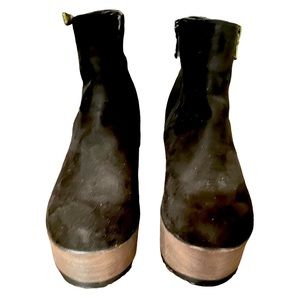 Black vegan suede platform ankle boots with gold zipper, light weight & comfy.
